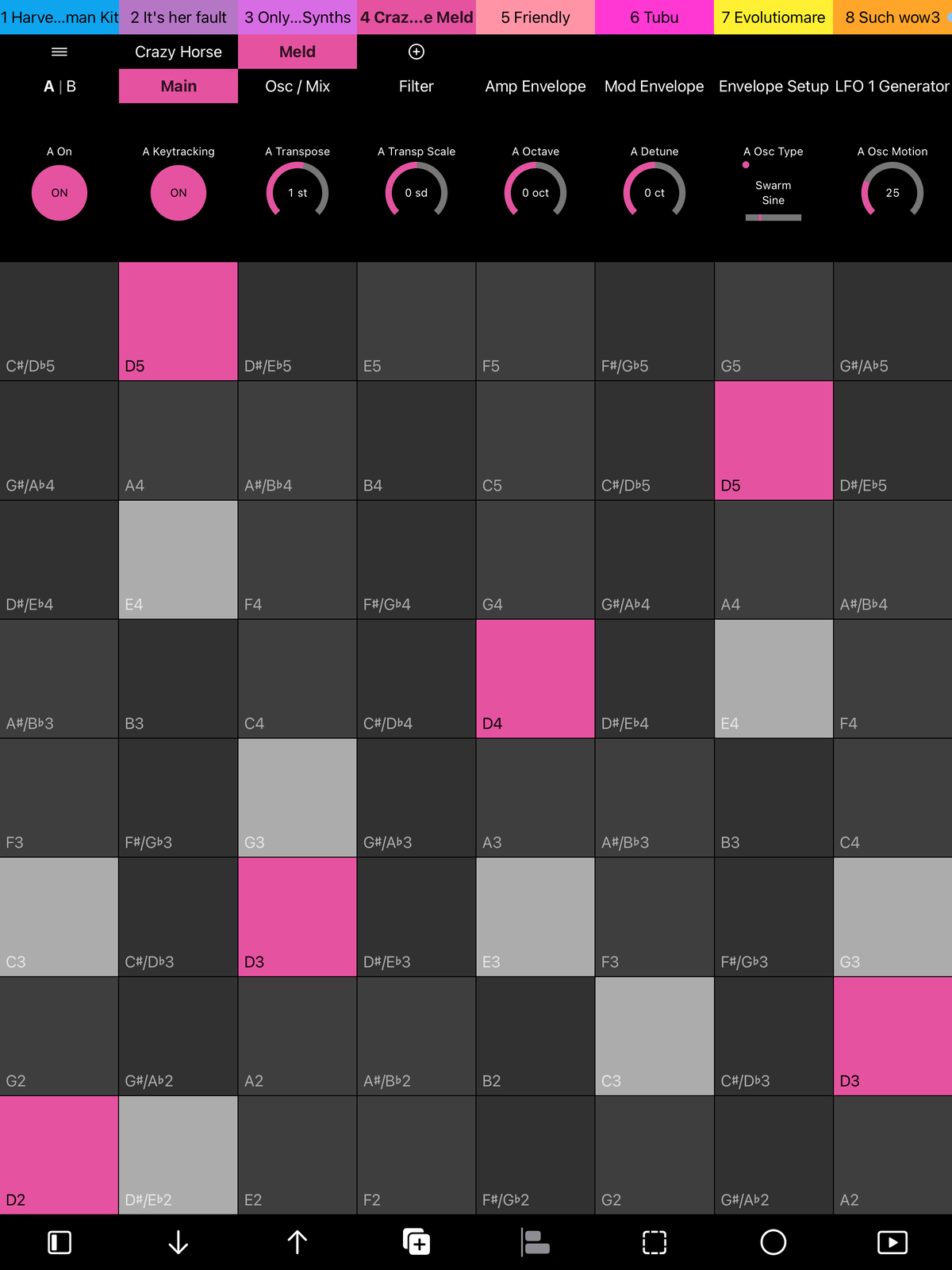 7III Tap MIDI grid playing a chord on the Crazy Horse Meld instrument